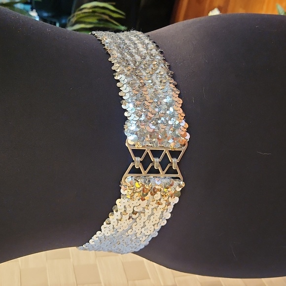 Vintage Silver Sequin Stretch Belt - Picture 1 of 7